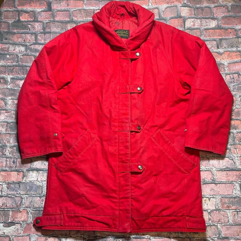 Vintage Eddie Bauer Red Men Women Sz 8 L Goose Down Parka Puffer Coat Chore Farm
